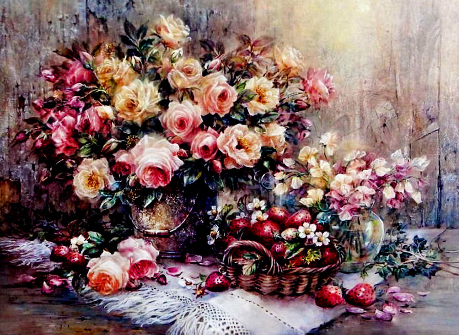 натюрморт - клубника, розы, ягоды, цветы, букет, живопись - оригинал