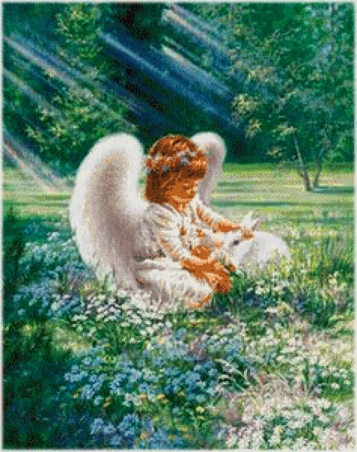 ангелок на лугу - девочка, дети, ангел, кролик, религия, цветы, сад, дона гелсингер - предпросмотр