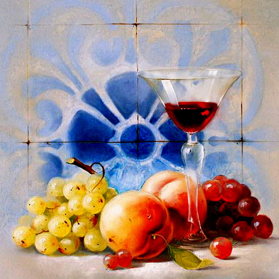 панно на кухню - фрукты, бокал, вино, вишня, персик, плитка, виноград - оригинал