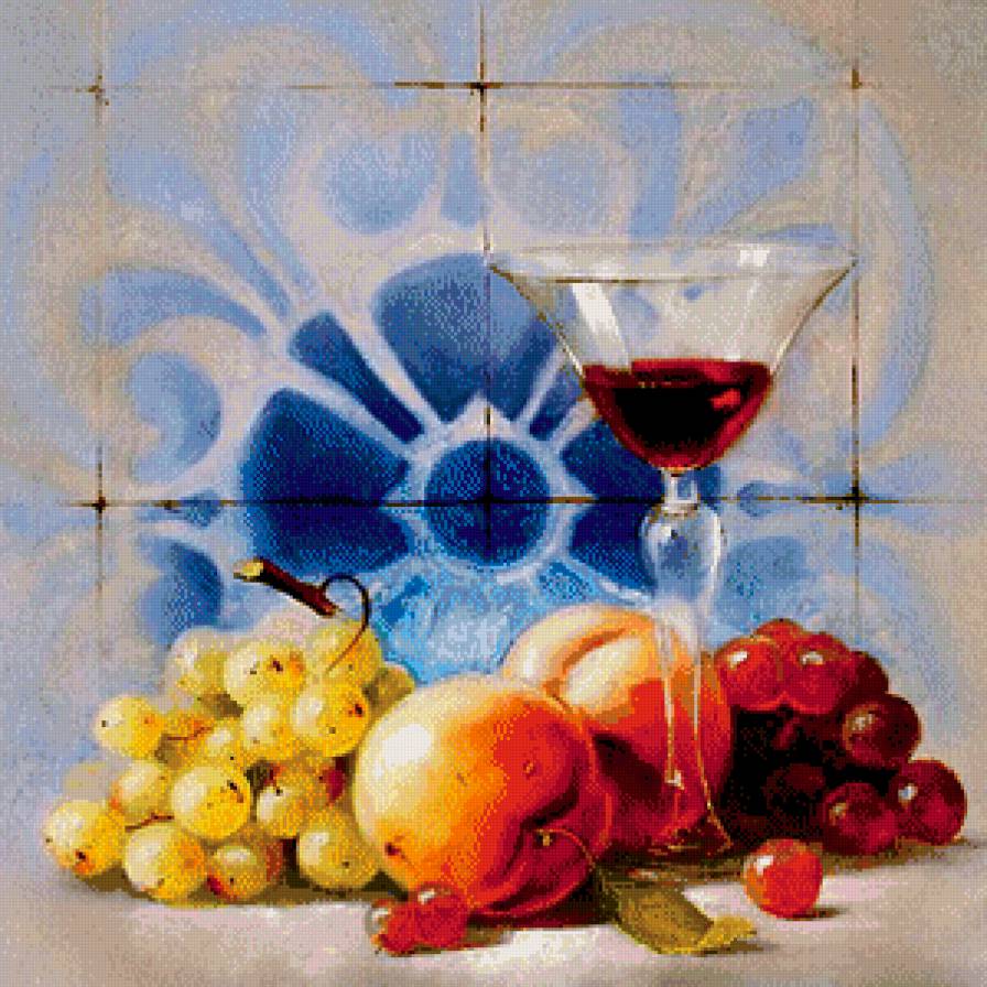 панно на кухню - фрукты, плитка, персик, виноград, бокал, вишня, вино - предпросмотр