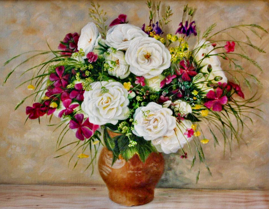 букет летний - живопись, горшок, цветы - оригинал