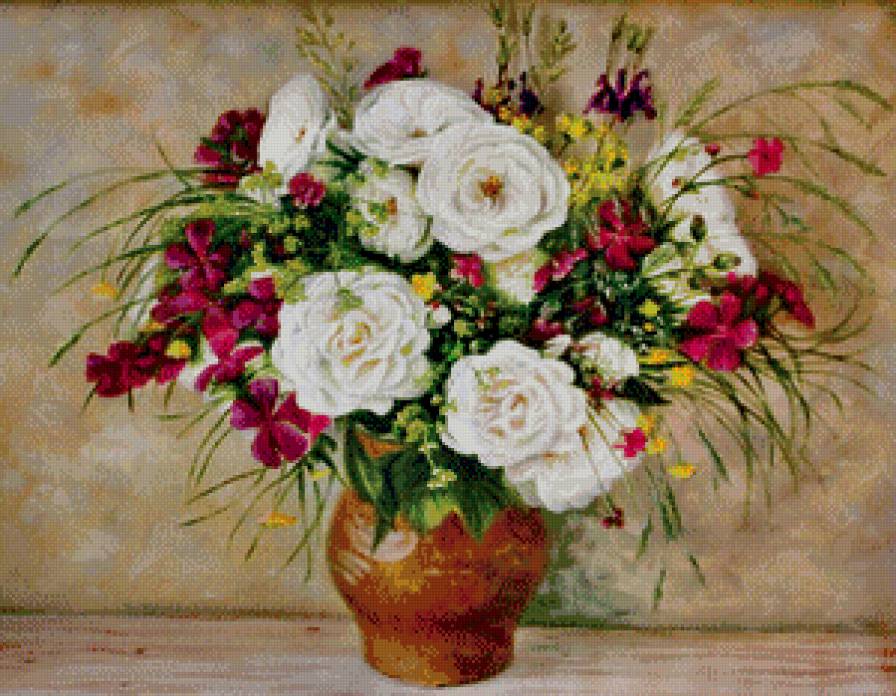 букет летний - цветы, горшок, живопись - предпросмотр