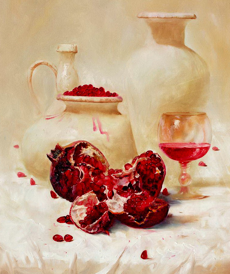 натюрморт с гранатом А.Антонова - сок, гранат, кувшин, бокал, картина, посуда, фрукты, живопись - оригинал