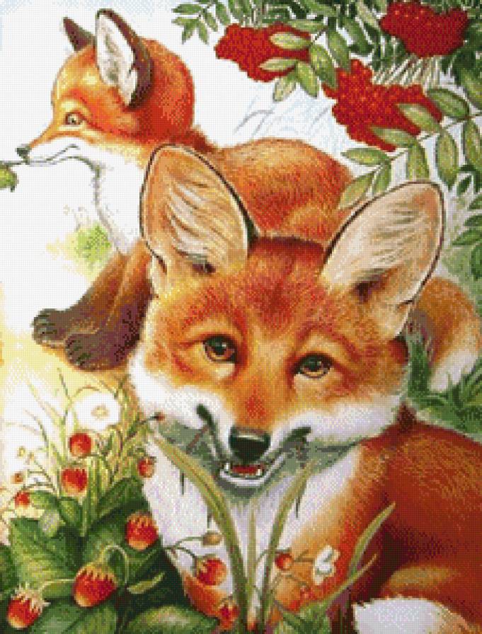 Лисята и ягоды - ягоды, лиса, лес, малыши, лисята, земляника, лисичка, рябина - предпросмотр