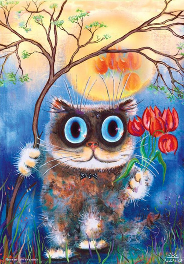 Кот с цветами - цветы, дерево, рисунок, кот - оригинал