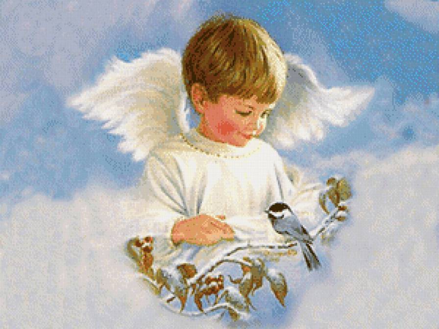 ангелок с птичкой на заснеженой веточке - девочка, религия, веточка, птичка, мальчик, ангел, дона гелсингер, дети - предпросмотр