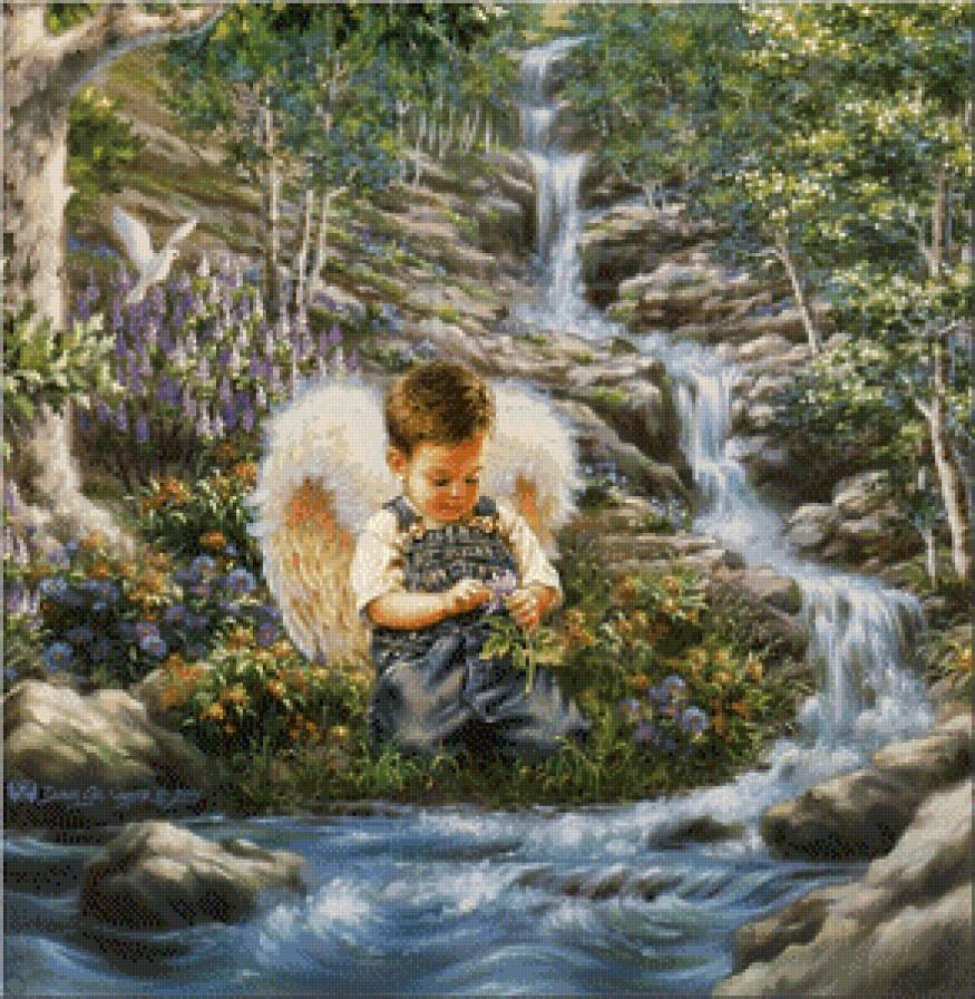 ангелок у горной речки - дети, река, природа, дона гелсингер, религия, лес, мальчик, ангел, горы - предпросмотр