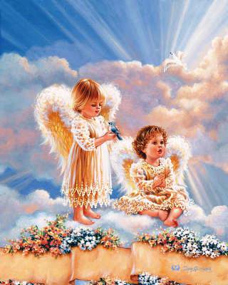 ангелочки на облаке - девочка, религия облако, ангел, дети, мальчик, дона гелсингер - оригинал