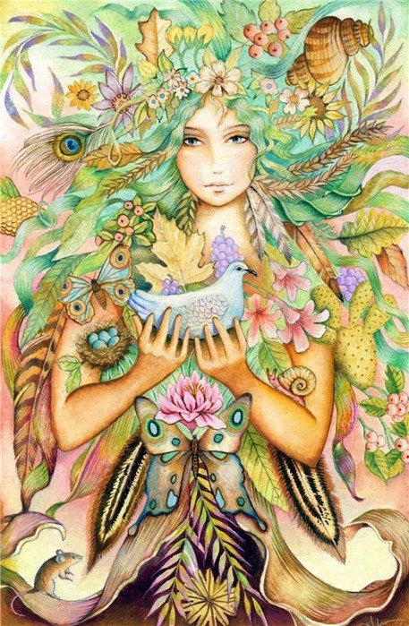 Лето - птицы, девушка, голуби - оригинал