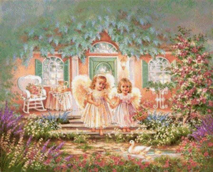 ангелочки - домик, дона гелсингер, сад, цветы, ангел, девочка, дети - предпросмотр