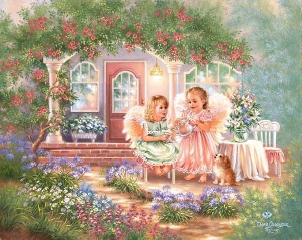 ангелочки на крылечке - домик, дона гелсингер, цветы, ангел, дети, сад, девочка - оригинал