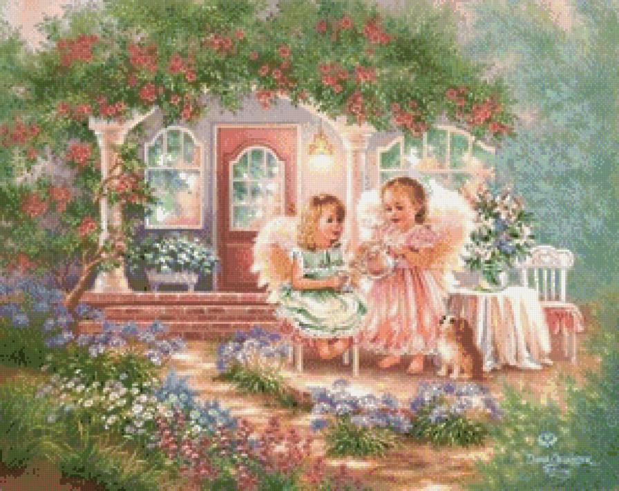 ангелочки на крылечке - домик, ангел, дети, сад, девочка, цветы, дона гелсингер - предпросмотр