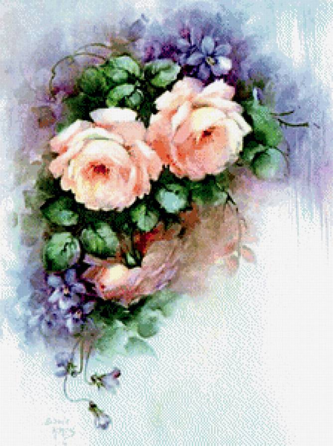 уголок - роза, розы, букет, цветы, живопись, фиалка - предпросмотр