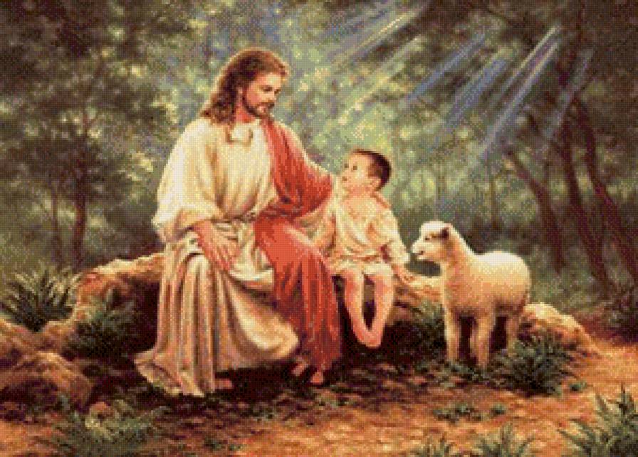 иисус и дитя - мальчик, дона гелсингер, религия, лес, ягненок, дитя, иисус - предпросмотр