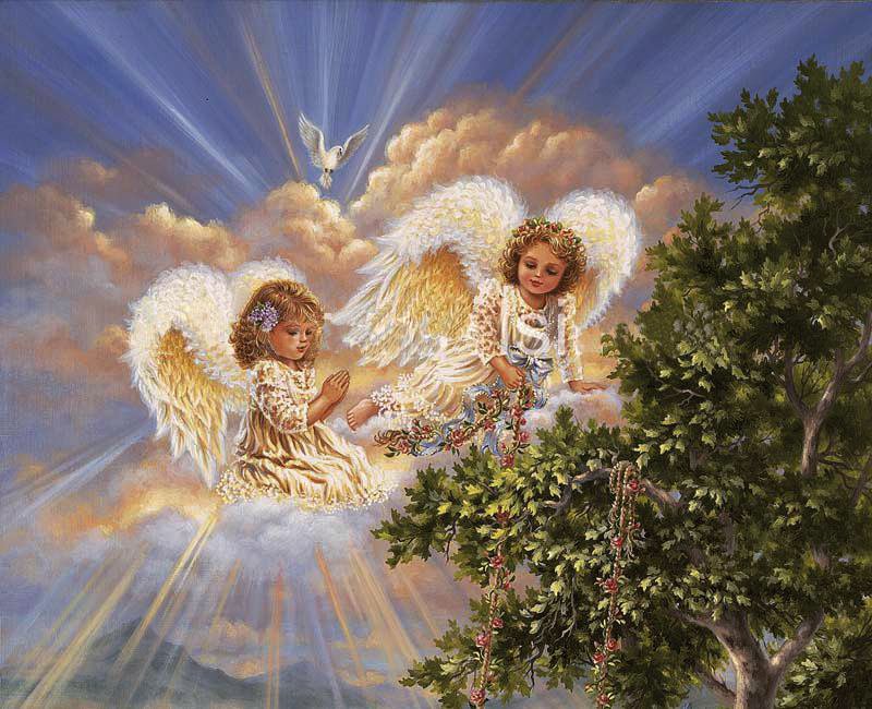 ангелы с голубем на облаке - дона гелсингер, облако, девочка, дерево, религия, ангел, дети, голубь - оригинал