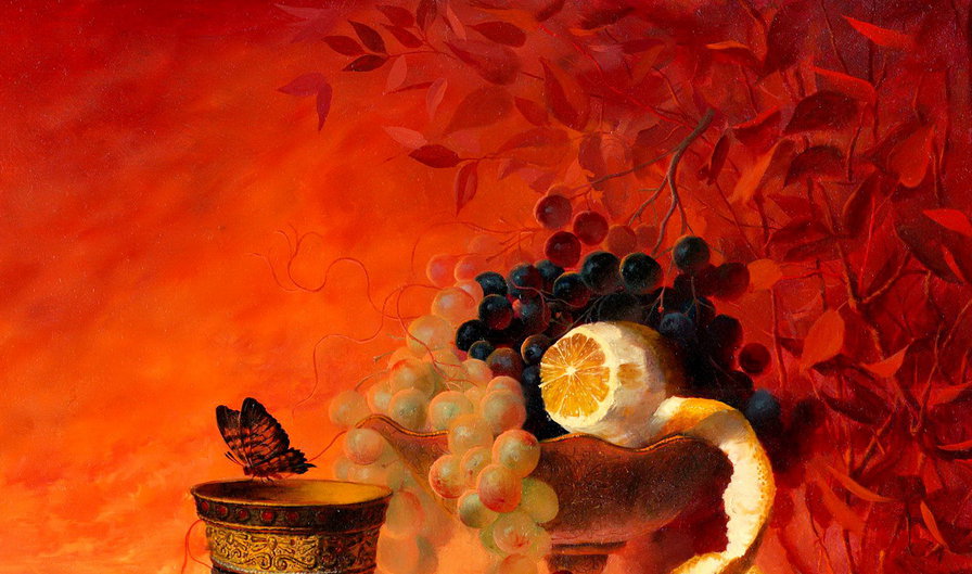 картина А.Антонова часть 1 - чаша, гранат, живопись, бабочка, виноград, яблоко, груша, натюрморт - оригинал