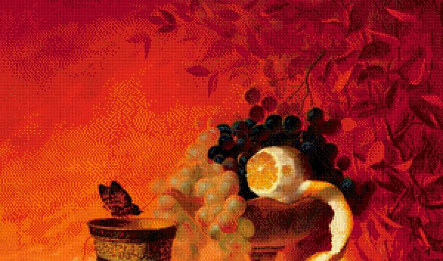 картина А.Антонова часть 1 - гранат, яблоко, живопись, бабочка, натюрморт, виноград, груша, чаша - предпросмотр