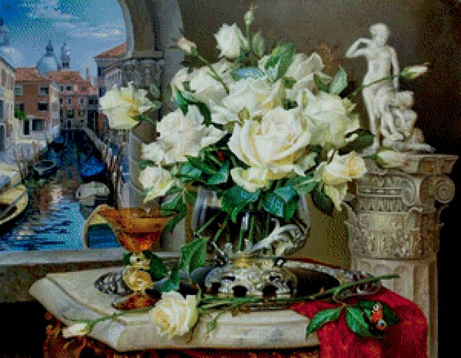 окно Венеции - статуэтка, букет, лодка, город, река, живопись, картина, роза, бока - предпросмотр