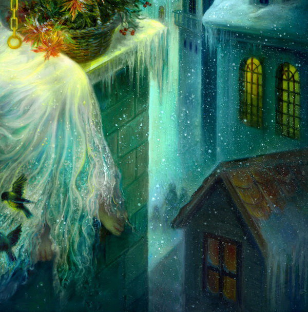 рождество часть 4 - окно, фонарь, ребенок, ангел, город, живопись, луна, кот, подарок - оригинал