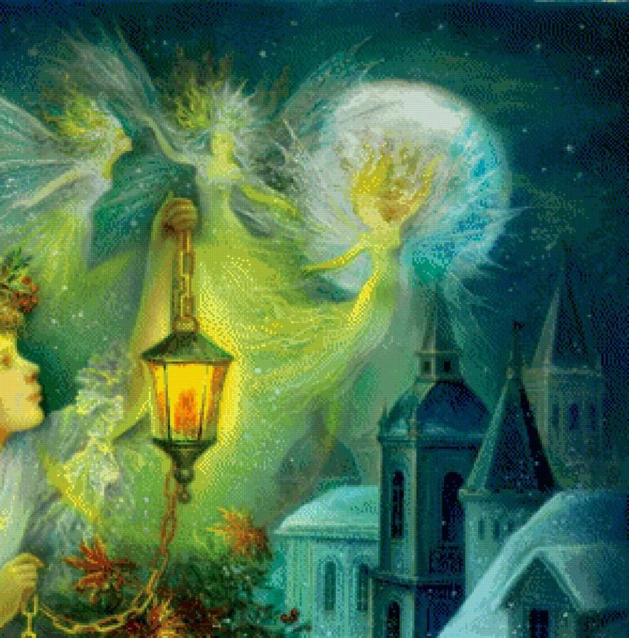 рождество часть 2 - фонарь, кот, ангел, живопись, ребенок, окно, подарок, город, луна - предпросмотр