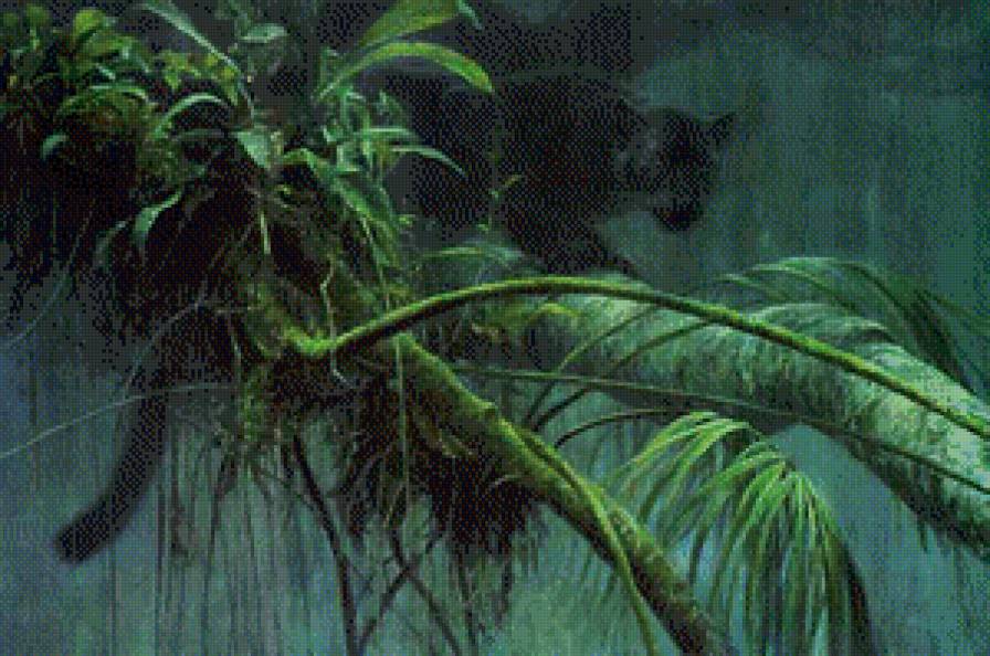 тени в джунглях - хищник, дерево, пантера, природа, живопись - предпросмотр