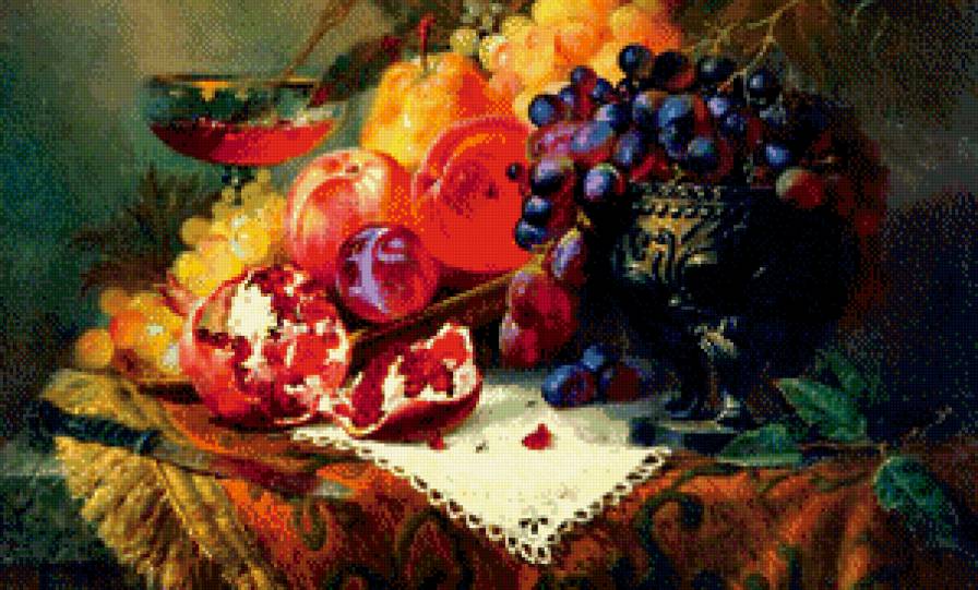 картина А.Антонова часть 2 - фрукты, персик, бокал, виноград, гранат, живопись, цветы, натюрморт - предпросмотр