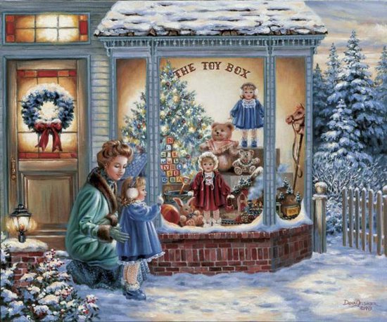 девочка и мама у магазина игрушек - дети, дона гелсингер, магазин, рождество, праздник, мама, елка, девочка - оригинал