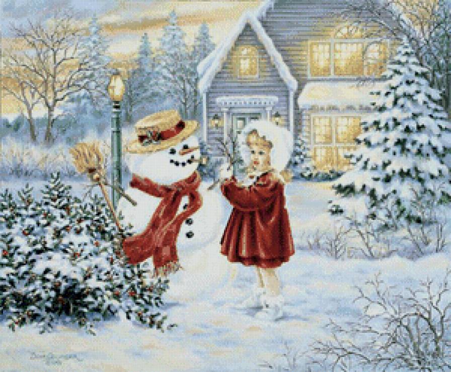 девочка и снеговик - рождество, зима, дети, дона гелсингер, снеговик, домик, снег, девочка - предпросмотр
