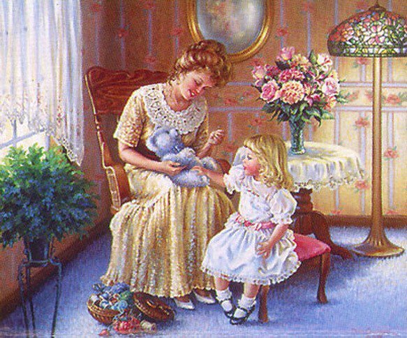 девочка с мамой - мать и дитя, комната, девочка, окно, дона гелсингер, дети - оригинал