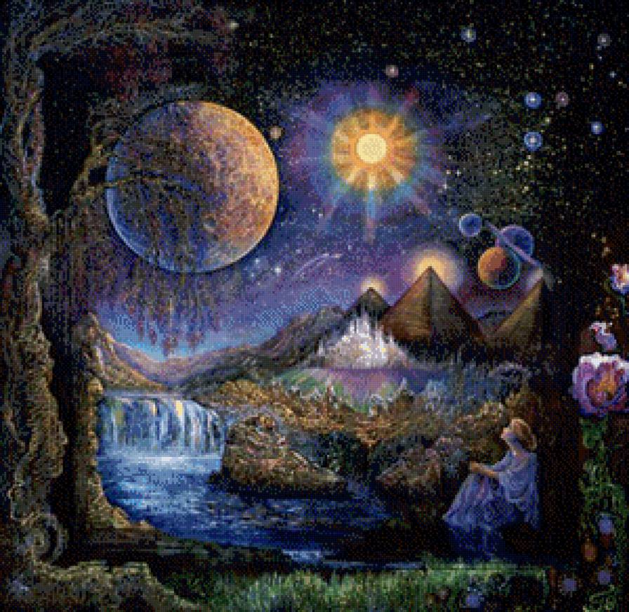 у водопада - девушка, водопад, ночь - предпросмотр