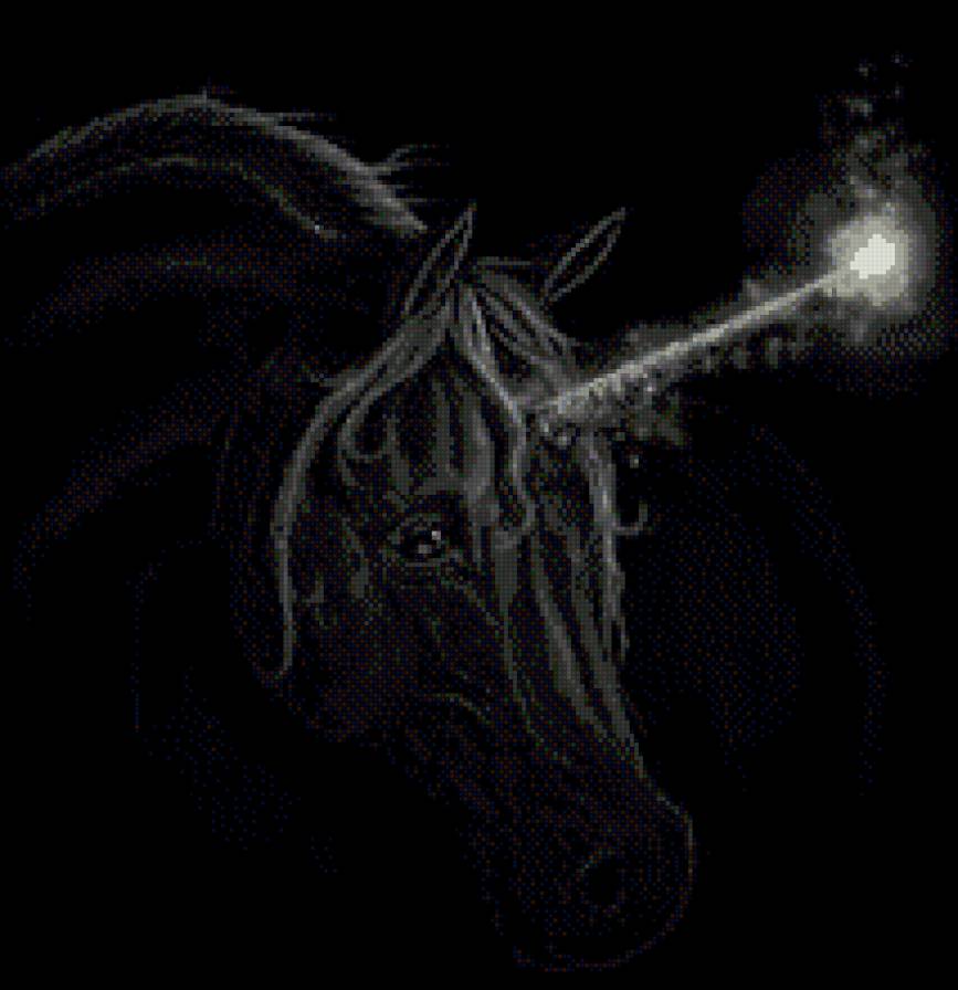 черный единорог - лошадь, фэнтези, кони, монохром - предпросмотр