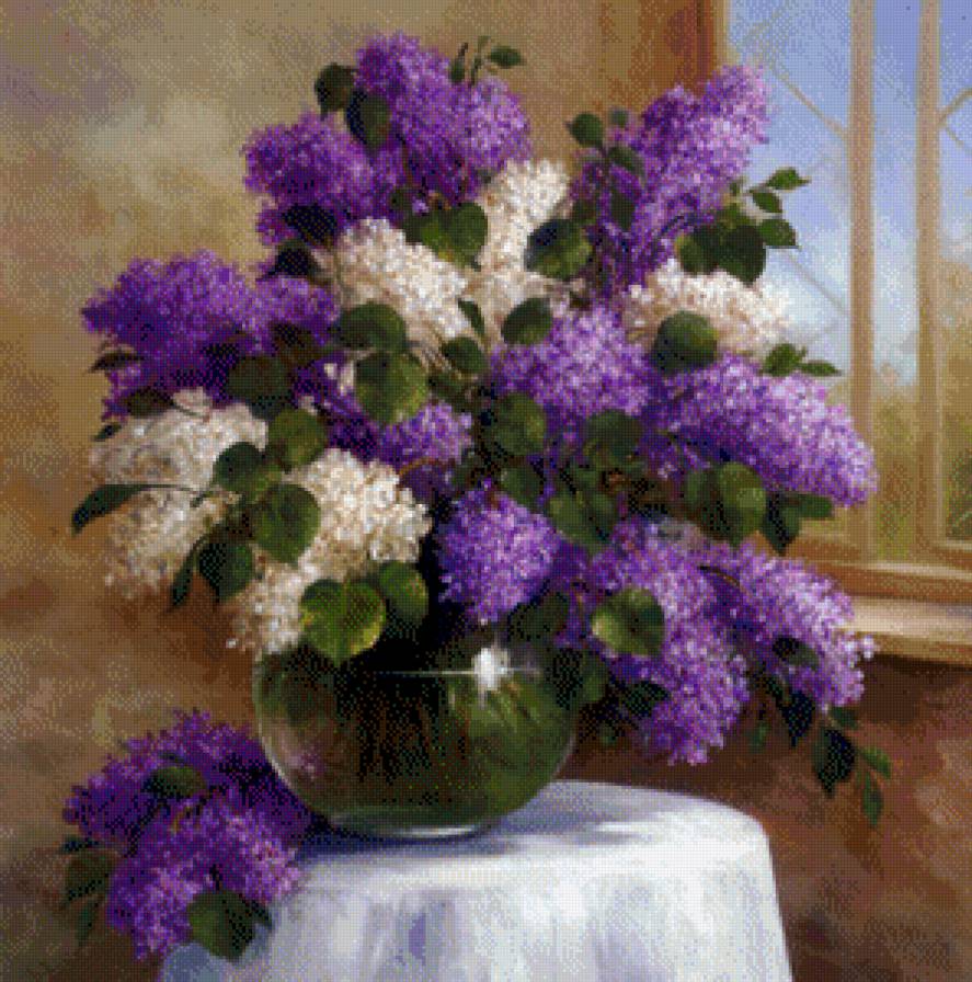 букет сирени у окна - натюрморт, картина, цветы, картины - предпросмотр