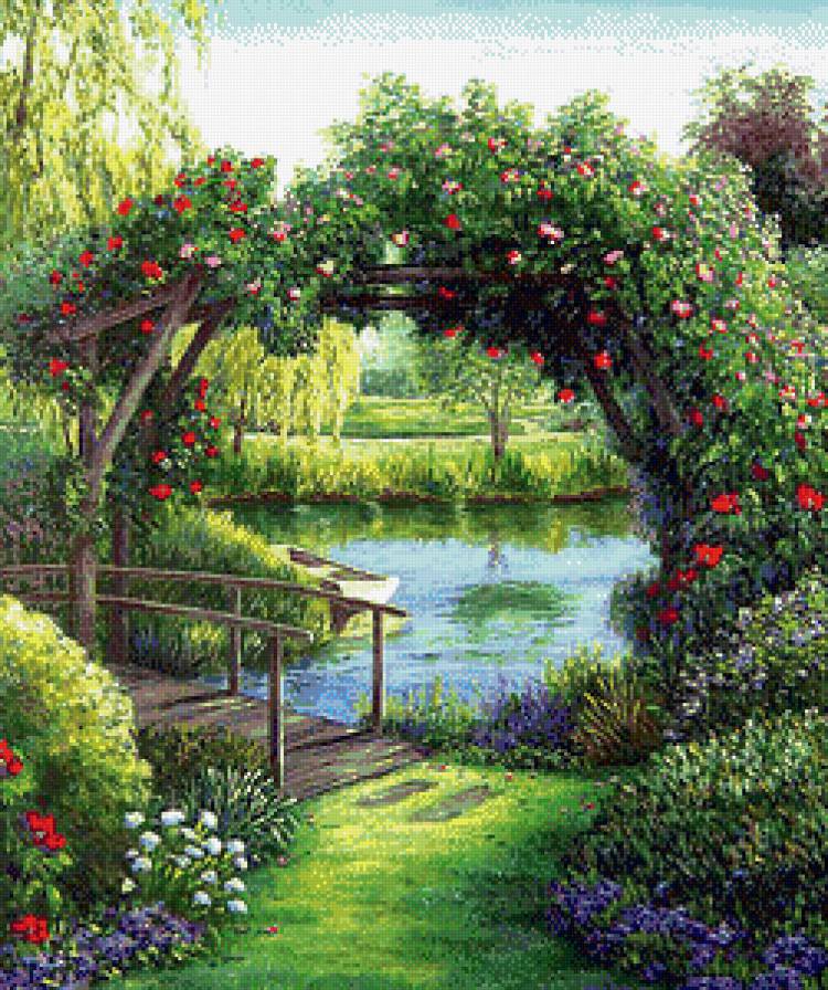 Красивый пейзаж - цветы, озеро, пейзаж, лодка - предпросмотр