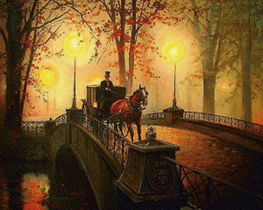 Ночная прогулка - мост, картина, ночь, экипаж, фонари, карета - предпросмотр