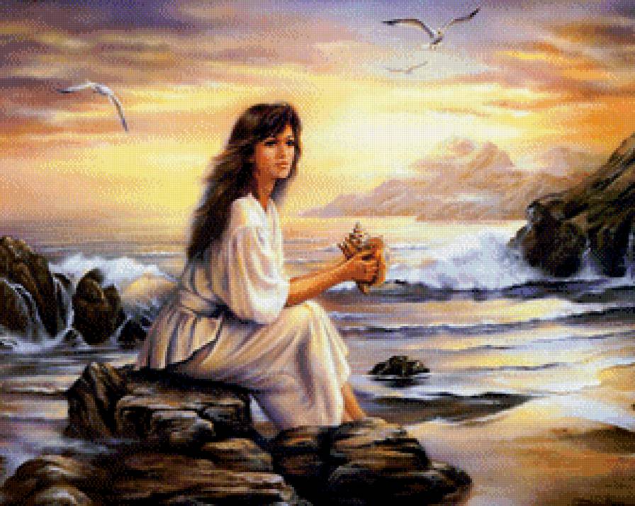 На берегу - чайки, пейзаж, берег, девушка, море - предпросмотр