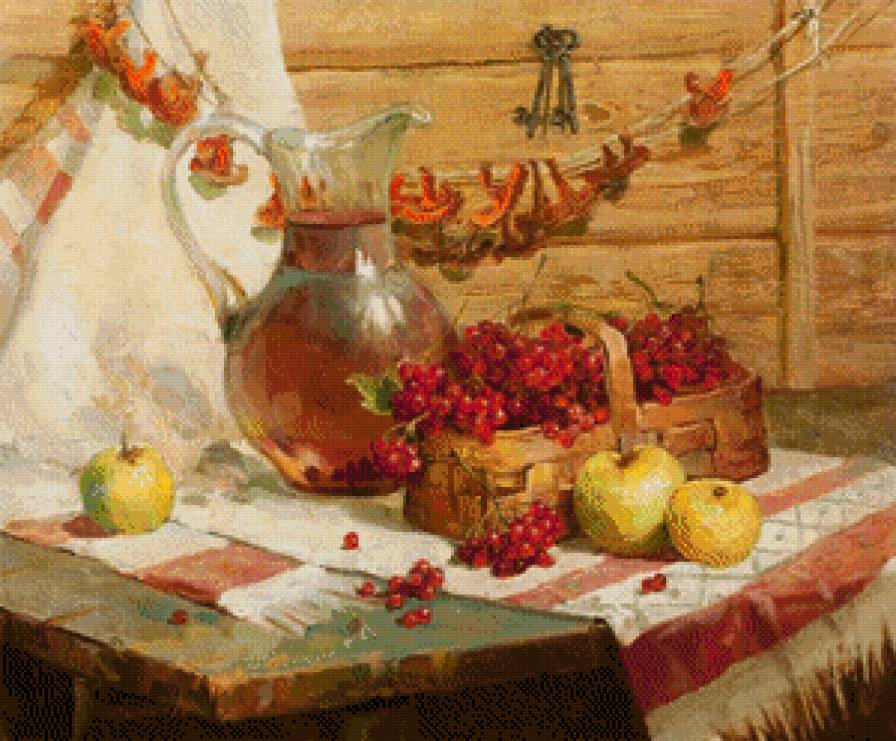 Осенний натюрморт - калина, яблоки, натюрморт, осень - предпросмотр