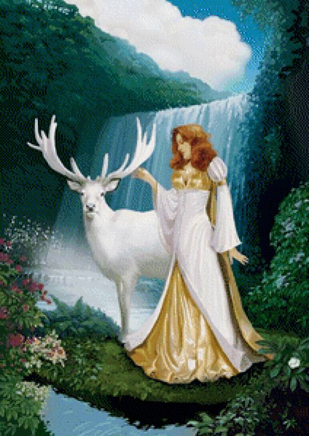 Ведунья - пейзаж, девушка, олень, водопад - предпросмотр