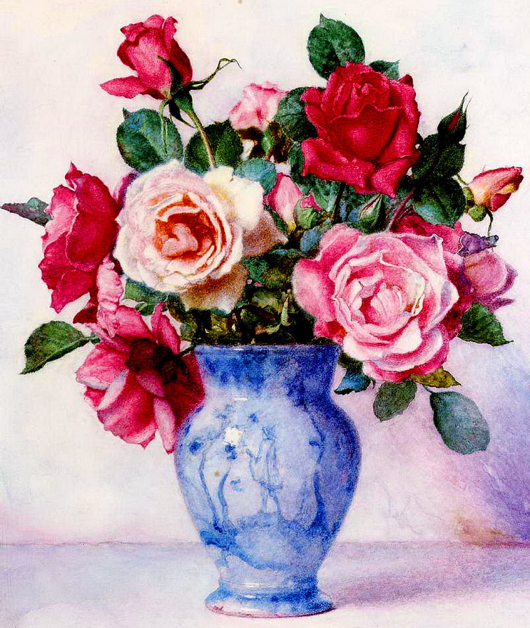 розы в синей вазе - цветы, живопись, букет, роза - оригинал