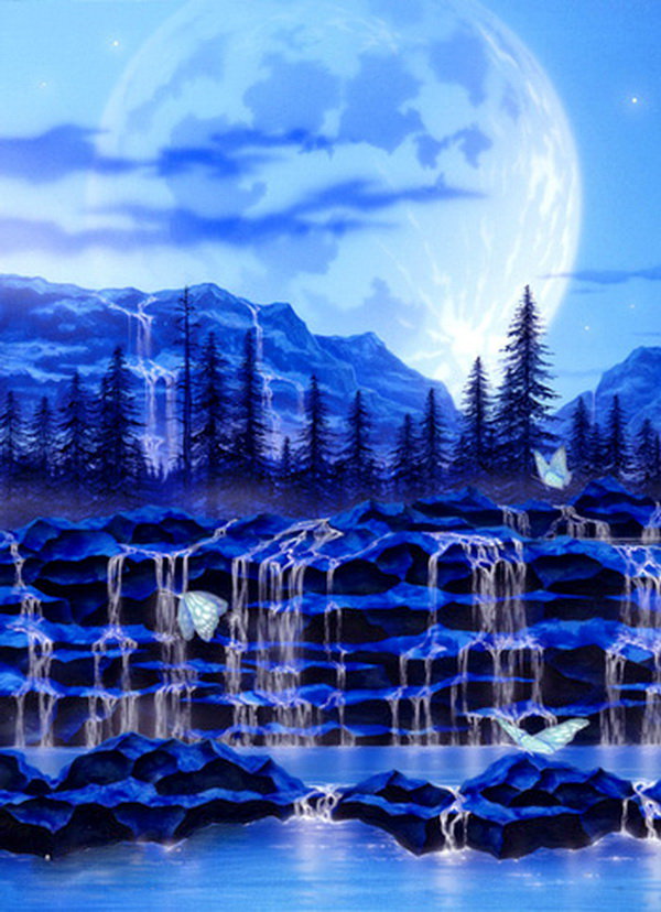 снежный барс у водопада часть 1 - природа, хищник, ночь, горы, лес, вода, живопись, бабочка, луна - оригинал