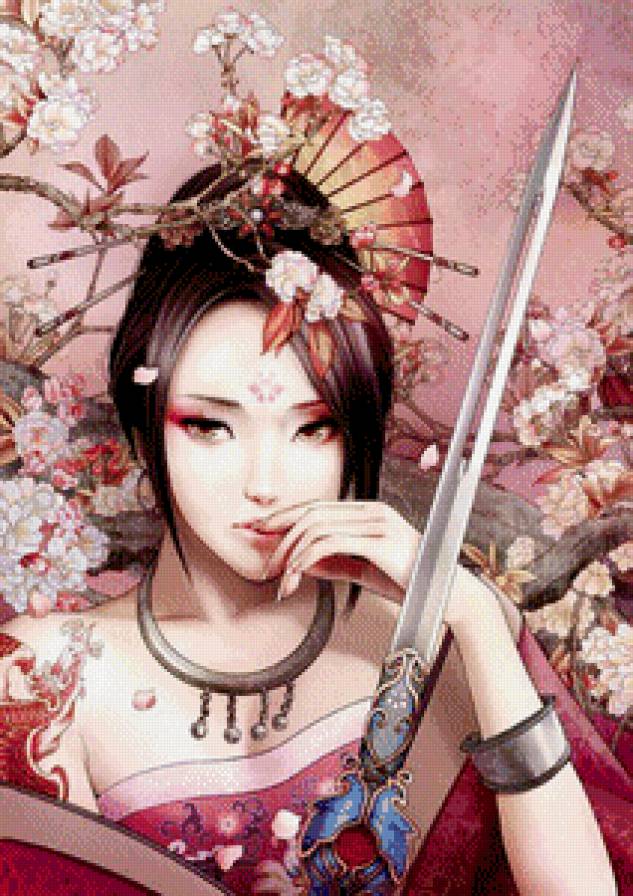 восточная красавица - картина, сакура, взгляд, женщина, меч, восток, девушка, живопись, цветы - предпросмотр