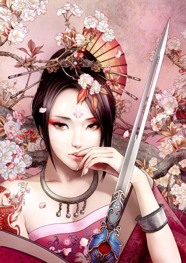 восточная красавица - восток, взгляд, сакура, меч, цветы, женщина, живопись, картина, девушка - оригинал