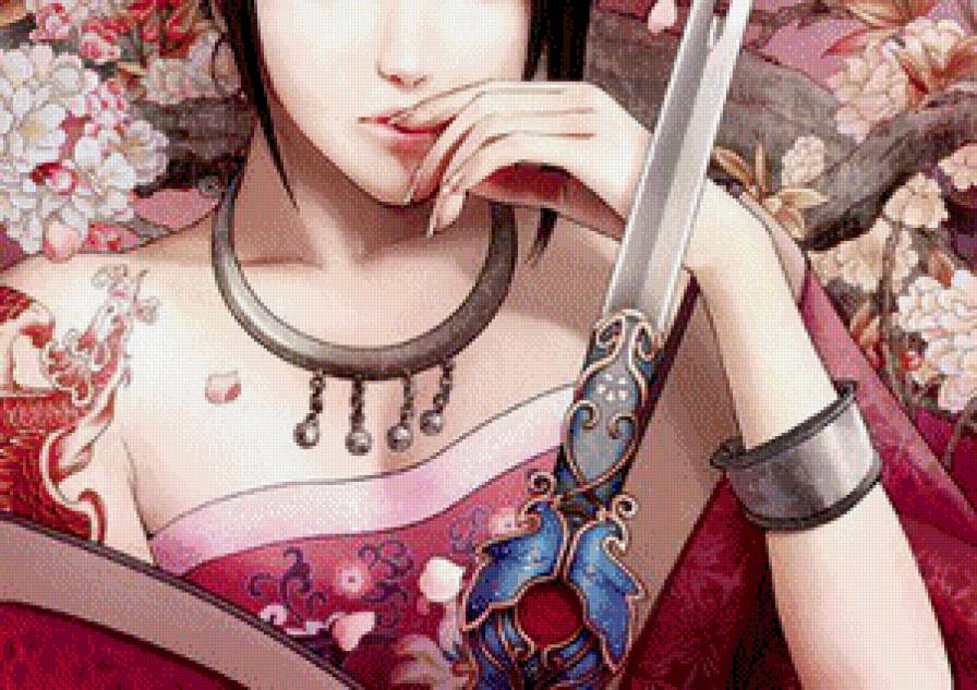 восточная красавица часть 2 - меч, цветы, взгляд, девушка, живопись, женщина, сакура, картина, восток - предпросмотр