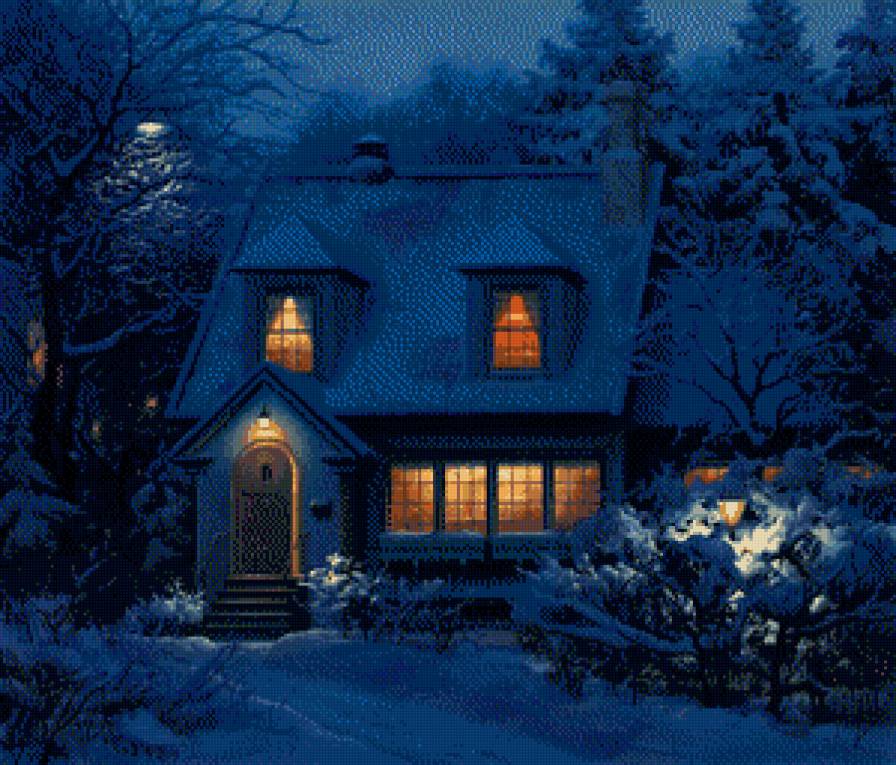 домик в глуши - ночь, домик, синяя - предпросмотр