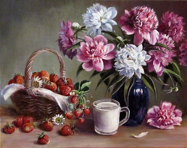 Натюрморт с клубникой - пионы, клубника, натюрморт, букет, ягоды, цветы - оригинал