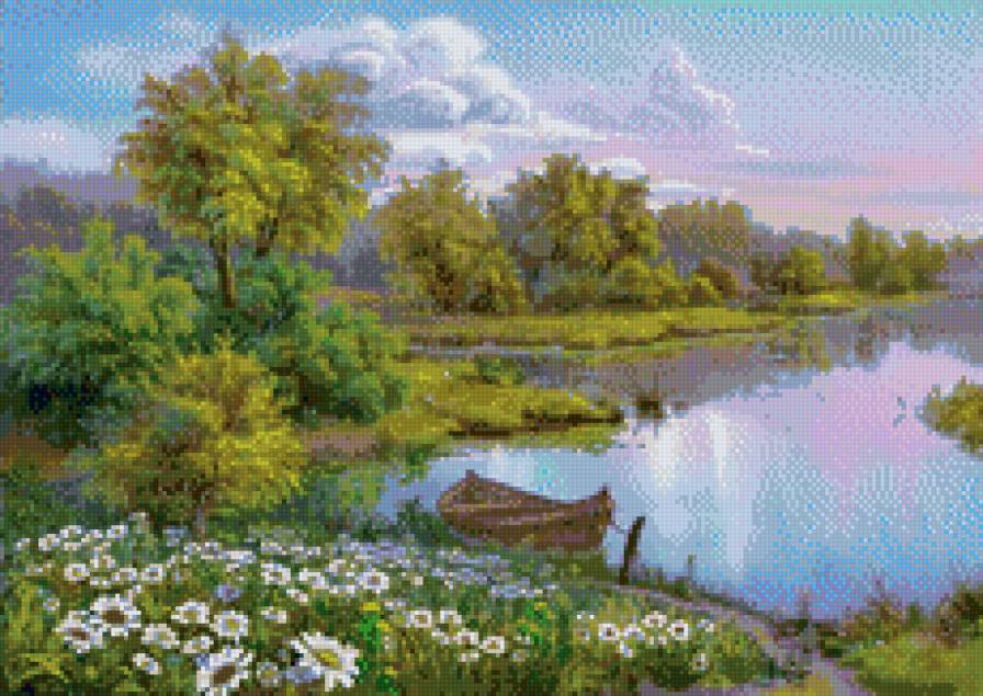 Красота летнего утра - лодка, лето, водоем, пейзаж, утро - предпросмотр