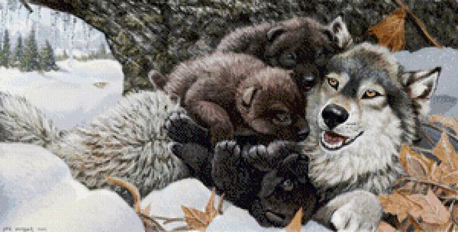 волчица и волчата - хищники, природа, волчата, лес, волчица - предпросмотр