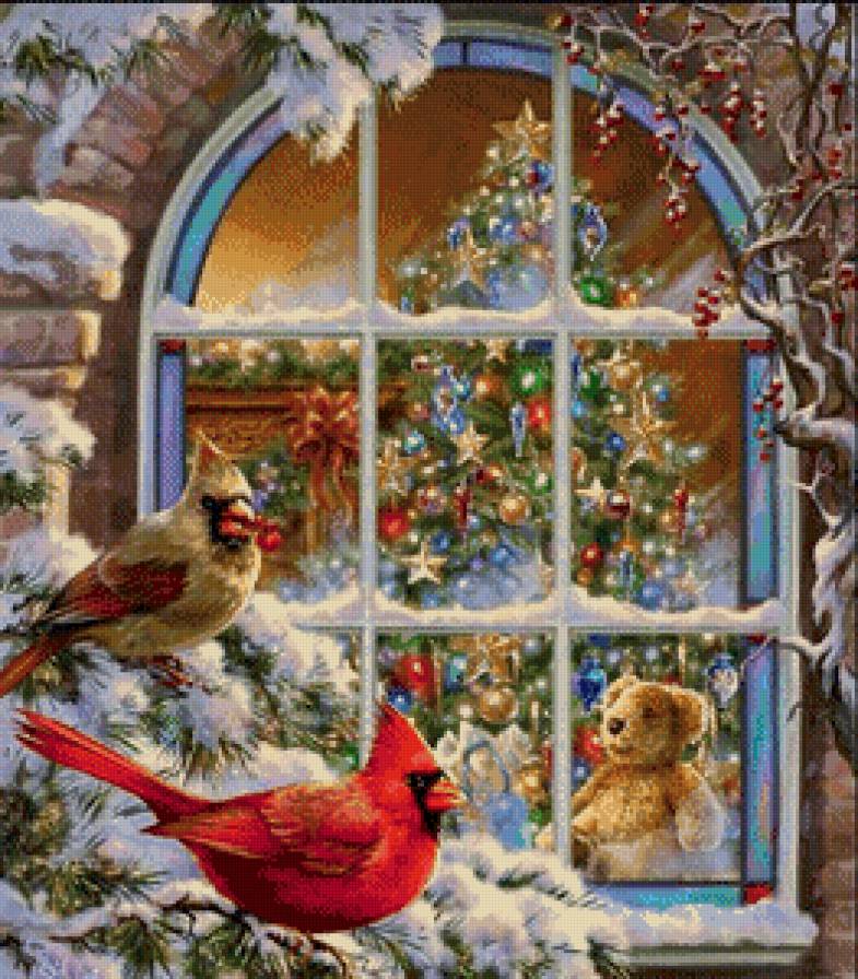 зимородки у окна - птицы, синичка, зимородок, снегирь, зима, новый год, рождество, окно - предпросмотр