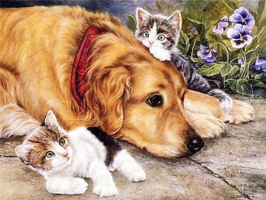 Нянька - кошки, животные, собаки, живопись - оригинал