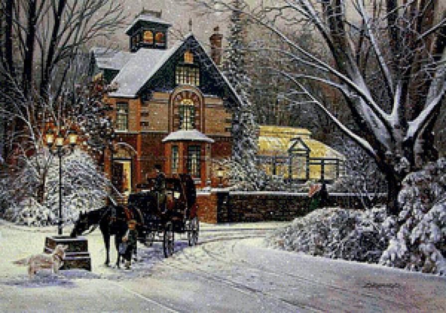 Зимний вечер - фонари, вечер, зима, домик, пейзаж, карета - предпросмотр