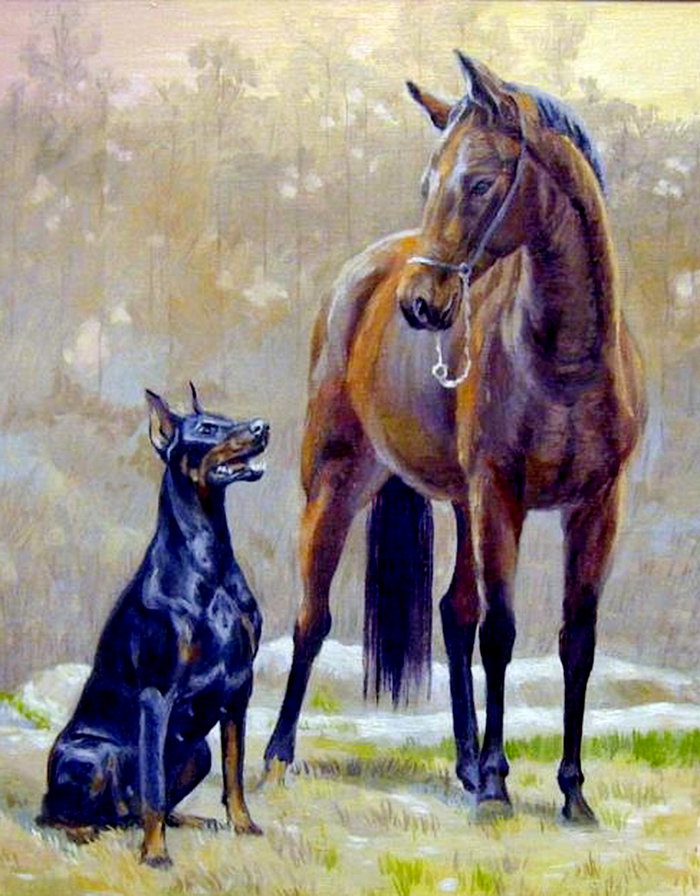 верные друзья - животное, доберман, конь, собака, живопись, лошадь - оригинал